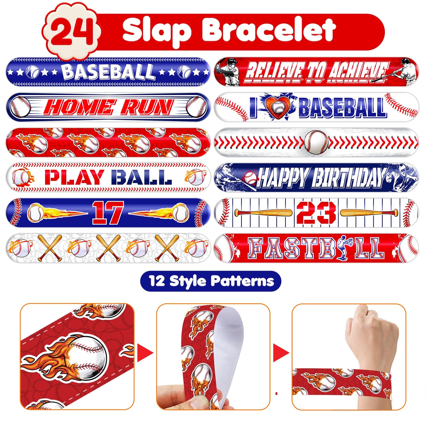 72PCS Baseball Party Set - 48PCS Temporary Pre - Cut Tattoos & 24PCS Slap Bracelets - Fun Sports-Themed Birthday Supplies, Baby Shower Gifts, Classroom Rewards & Party Decor for Kids (Boys & Girls)