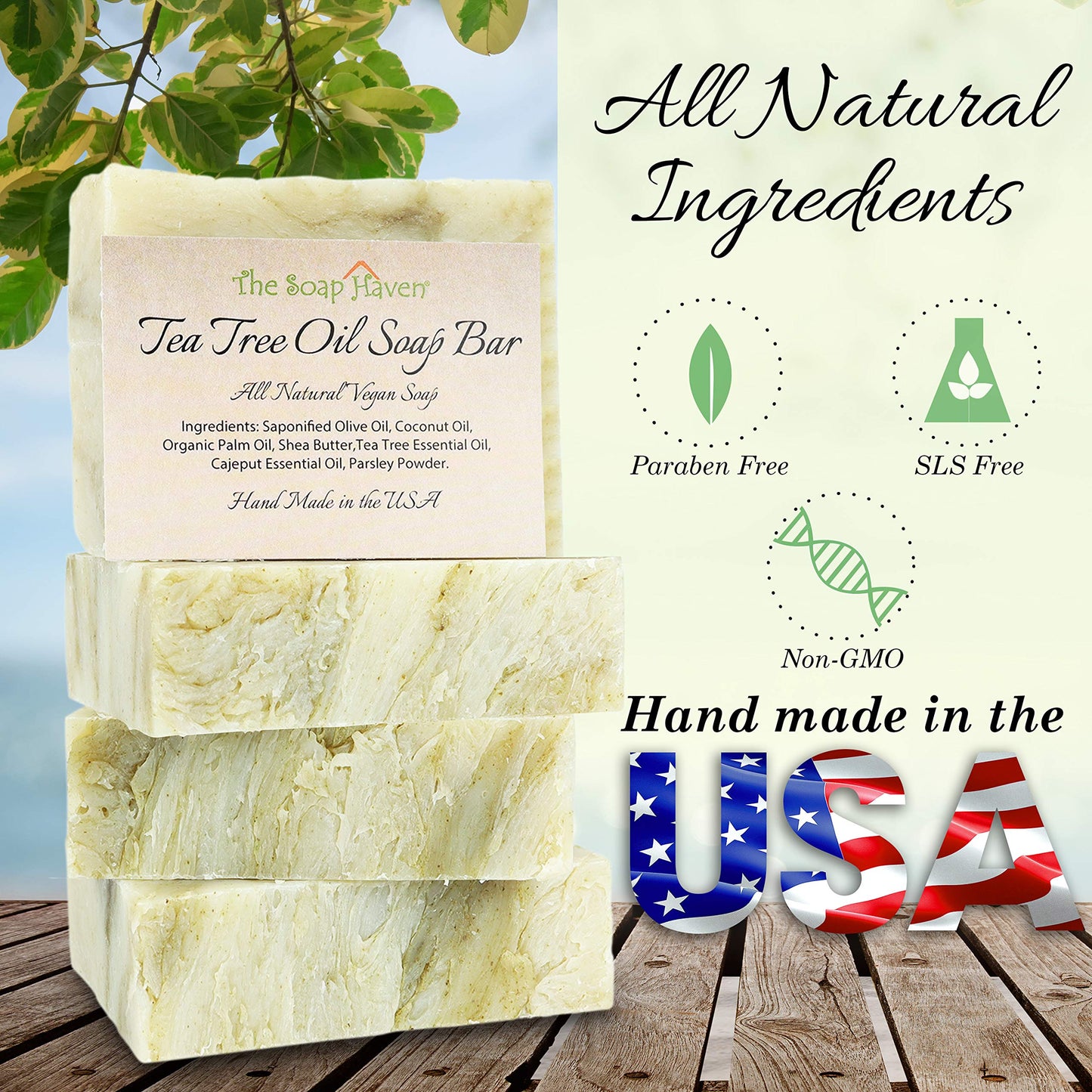 TEA TREE SOAP BAR - 4 Pack Natural Tea Tree Oil for Face, Body, Hand, Foot - Cleansing & Moisturizing Blemish & Body Odor Defense - SLS & Paraben Free - Handmade in USA - 4 Large 4.5 oz Bars