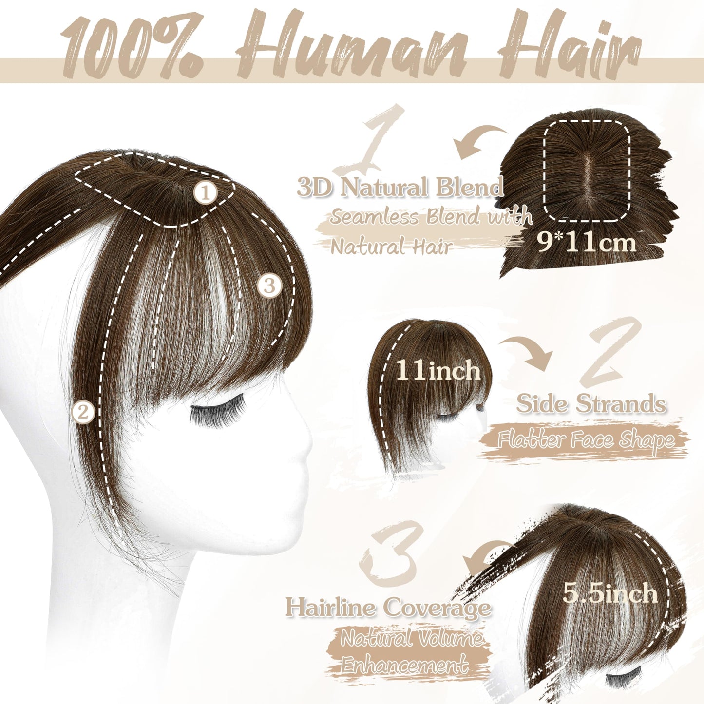 DinkyTims Human Hair Toppers for Women - 150% Density Clip In Hair Topper with Bangs U Shape 10 Inch Toppers Hairpieces for Women Perfect for Thinning Hairr Ideal for Daily Use Dark Brown