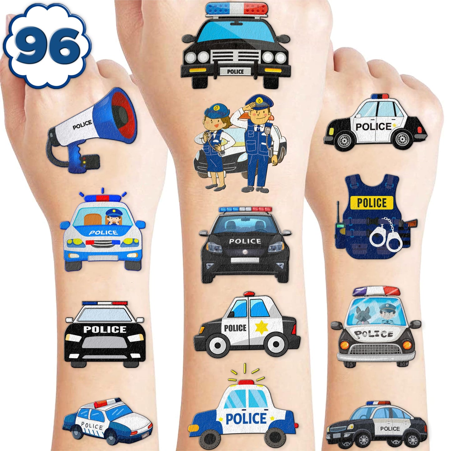 107 PCS Police Car Party Favors Temporary Tattoos Themed Decorations Décor police birthday party supplies Officer Policeman Blue Tattoo Stickers Gifts For Boys Girls Class Prizes Rewards Cartoon