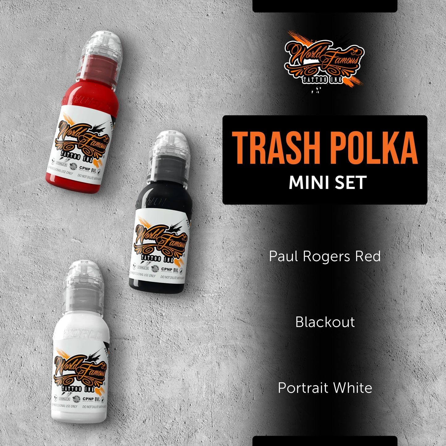 World Famous Trash Polka Mini Tattoo Ink Pigment Set of 3, Vegan, Professional Supplies, 1oz Bottles, Paul Rogers Red, Blackout, Portrait White