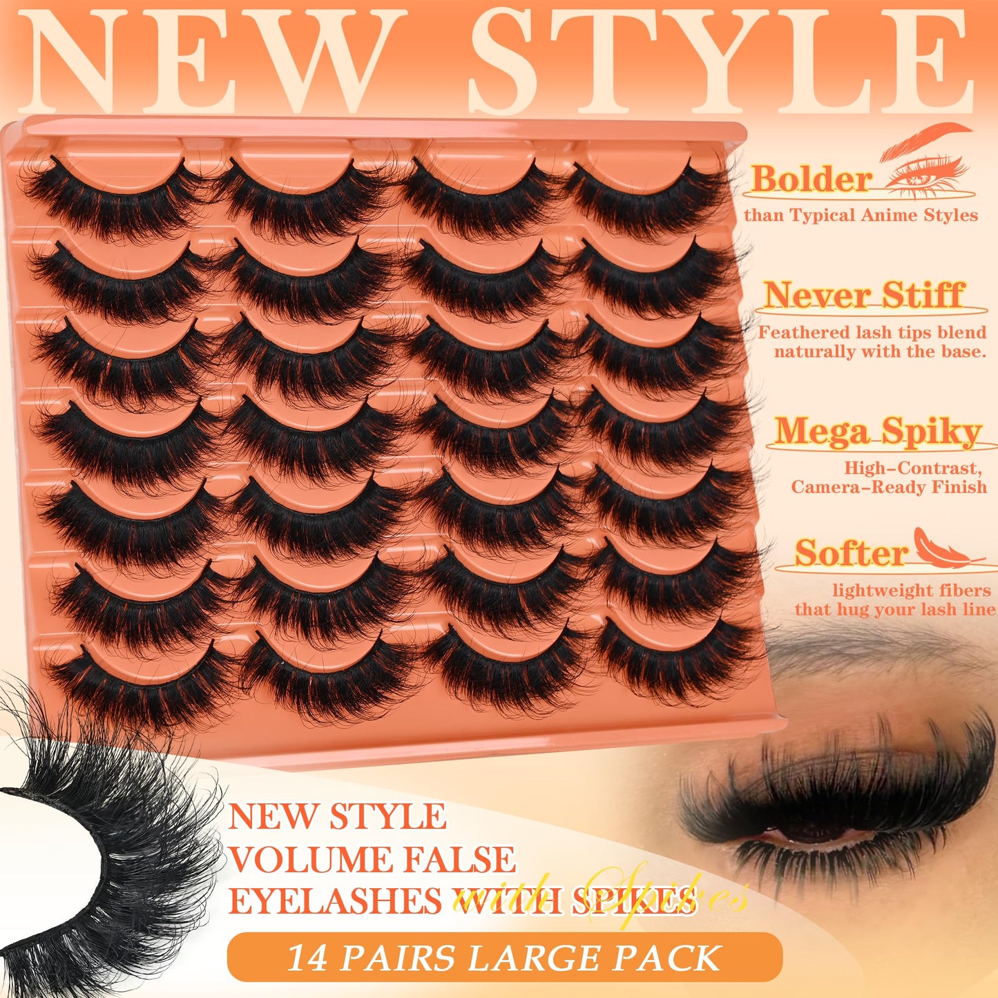 Faux Mink Lashes Manga Look Spiky Strip Lashes Volume False Eyelashes 14 Pairs Dramatic Eyelashes 20mm Long Lash D-Curly Strips Lashes Pack