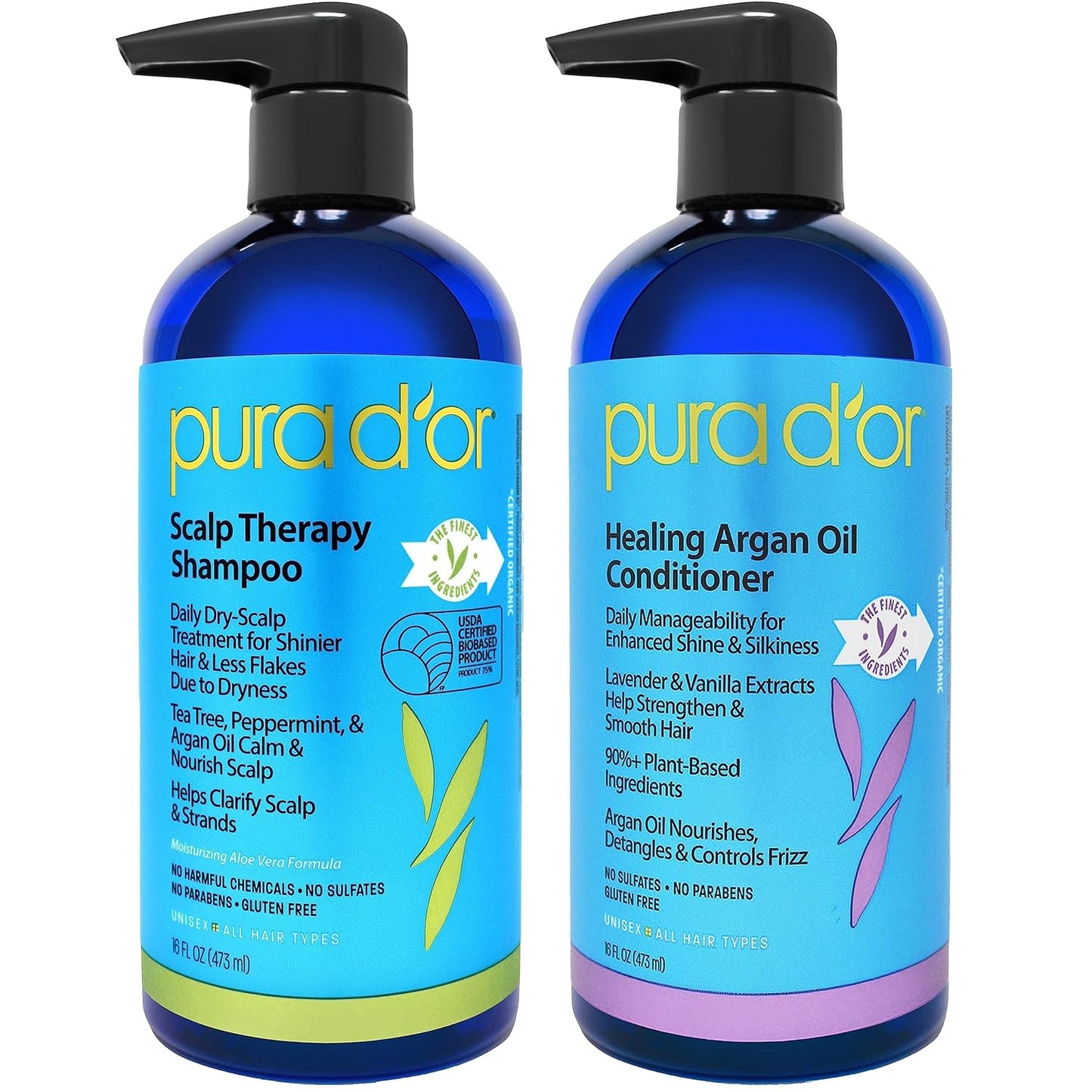 PURA D'OR Scalp Therapy Shampoo & Conditioner Set - 16 fl oz Each | Organic Argan Oil for Dry Scalp & Damaged Hair