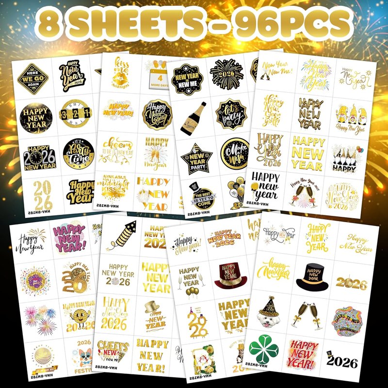 New Year 2026 Temporary Tattoos - 96PCS Gold Party Favors, Countdown Celebration Supplies | Holiday Accessories for Kids & Adults