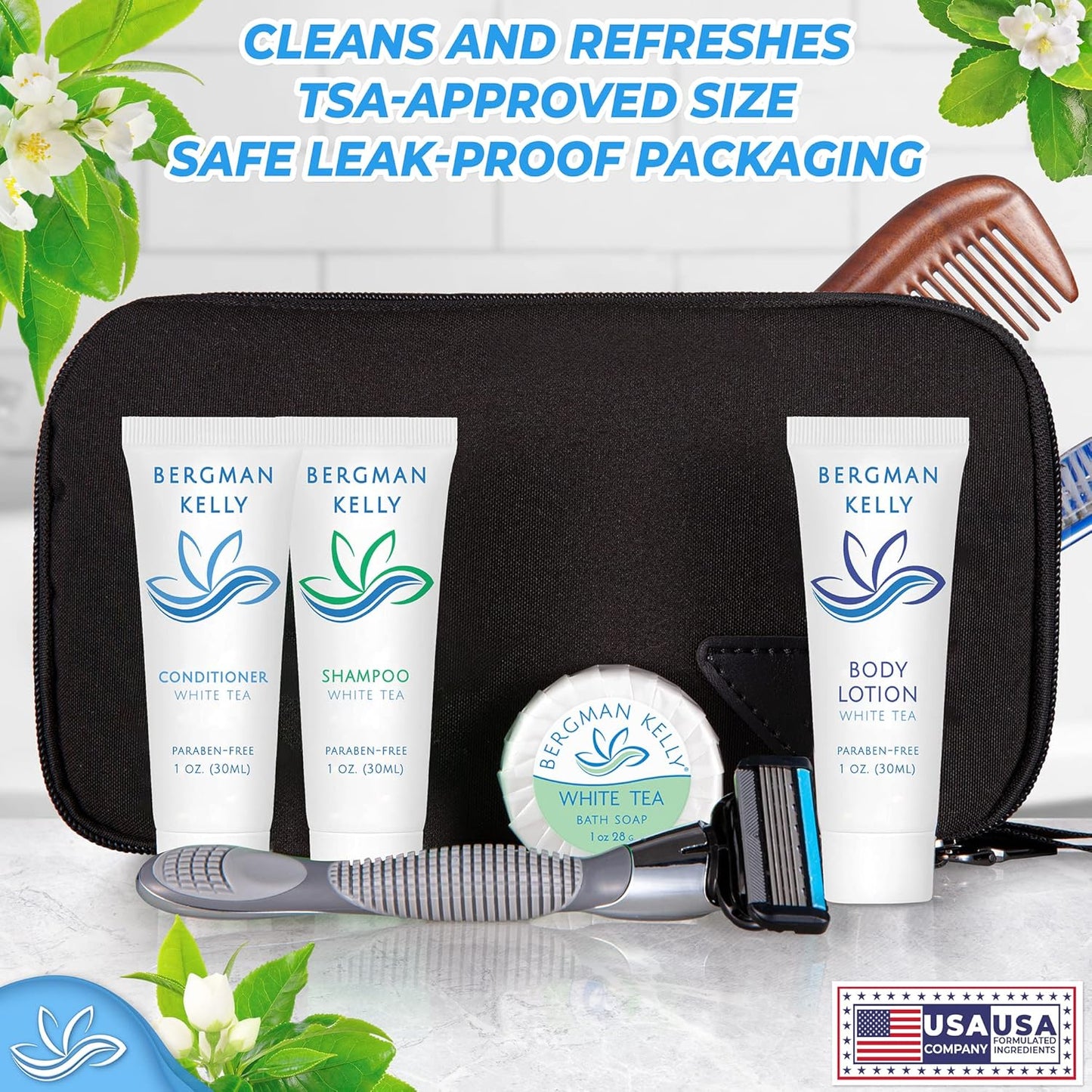 Bergman Kelly Hotel Toiletries Bundle - White Tea Mini Amenities Set | 100 Pieces: 25 Soap, 25 Shampoo, 25 Conditioner, 25 Lotion