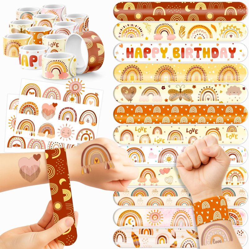 48PCS Boho Rainbow Party Set - 24PCS Temporary Tattoos & 24PCS Slap Bracelets - Fun Birthday Supplies, Baby Shower Gifts, Classroom Rewards & Boho-Themed Decor for Kids (Boys & Girls)