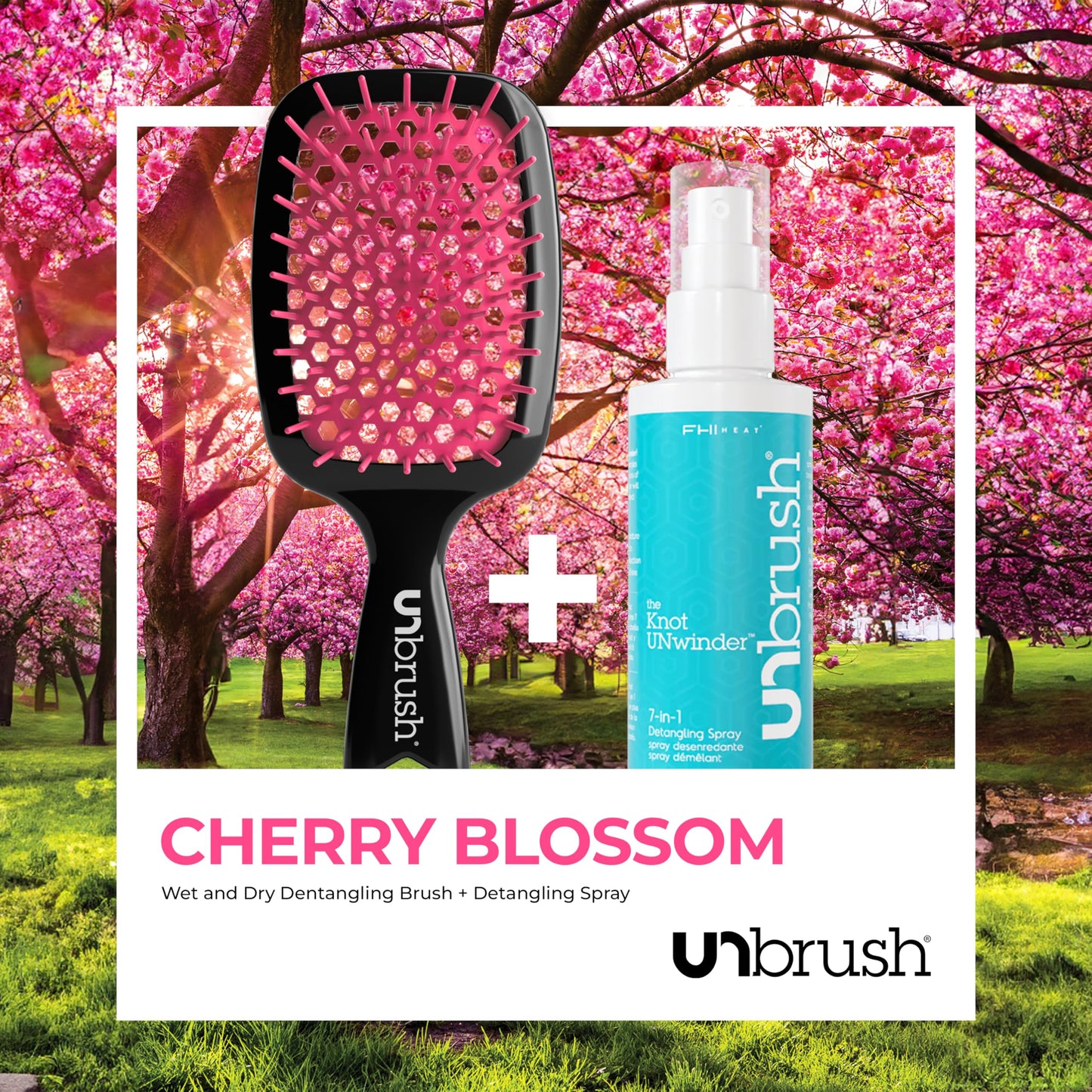 FHI Heat UNbrush Detangling Brush and UNwinder Detangling Spray Combo Pack - Tangle-Free Hair, Pain-Free Brushing, Anti-Static Bristles, Lightweight Hair Brush, Cherry Blossom