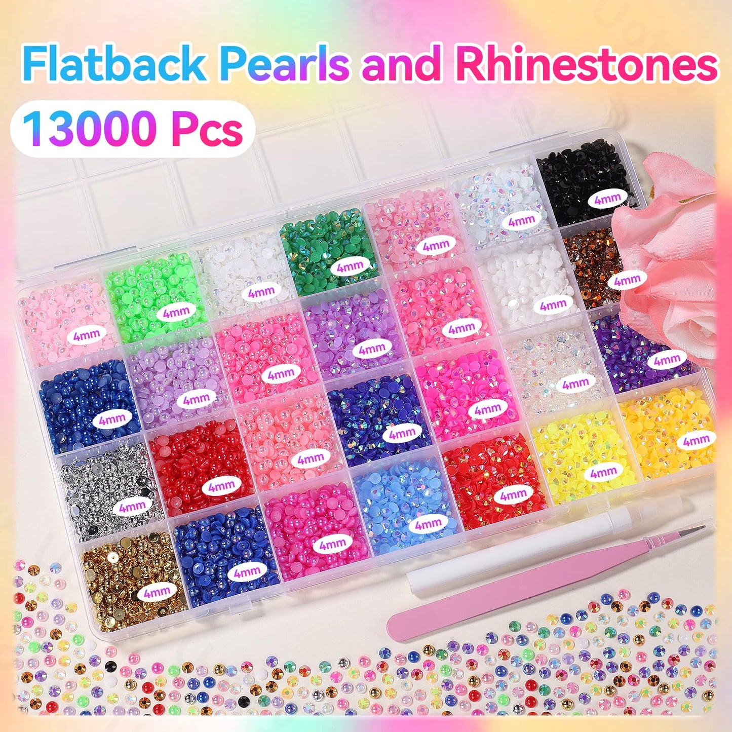 13000 Pcs 28 Color Flatback Pearls and Rhinestones for Crafting, 4mm Resin Jelly Rhinestones, Half Pearl Bedazzling Gems Diamond for Nails Eyes Face Makeup Tumblers DIY Crafts Shoes