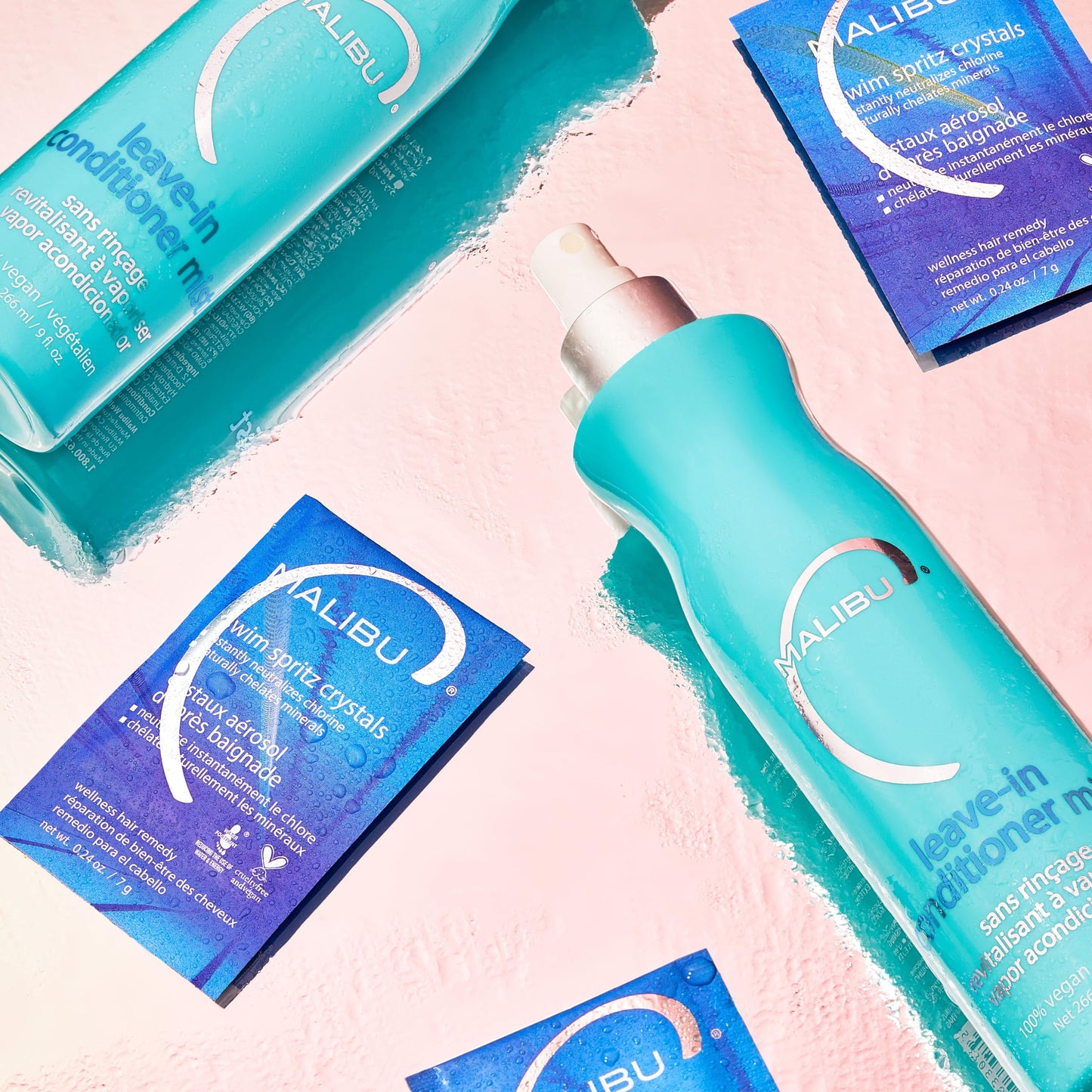 Malibu C Leave-In Conditioner Mist Moisturizing Heat Protectant for All Hair Types (9 oz), Hard Water Wellness Hair Remedy (3 Packets) Moisture, Repair & Mineral Buildup Removal