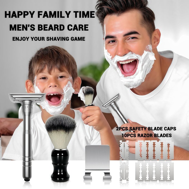 Adjustable Double Edge Safety Razor Shaving Kit for Men & Women - Shaving Brush, 10 Relacement Blades, Cleaning Brush & Razor Holder, Gift for Him, Boyfriend, Dad, Husband