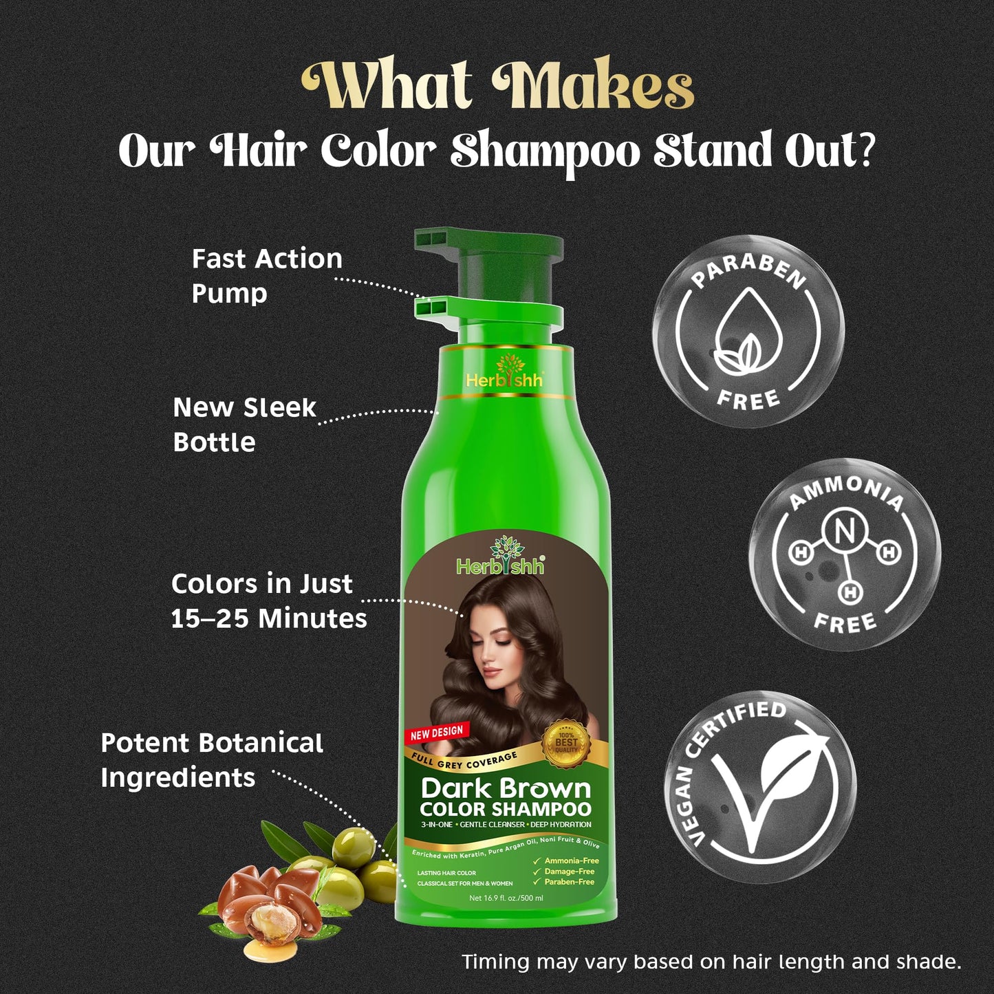 Herbishh Hair Color Shampoo for Gray Hair 500ml Dark Brown + Essential Care Flower Hair Oil for Dry Damaged Hair & Growth 60ml