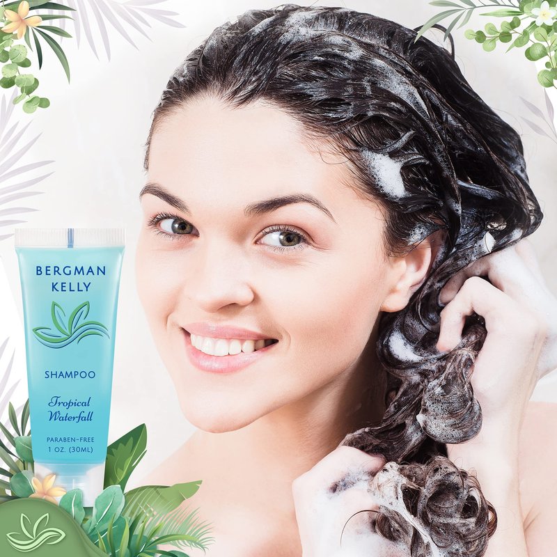 BERGMAN KELLY - Travel Size Hotel Shampoo - 1 fl oz, 100 PK, Tropical Waterfall - Delight Your Guests with Revitalizing & Refreshing Hair Cleanser for Guest Hospitality - Bulk Small Size Shampoo