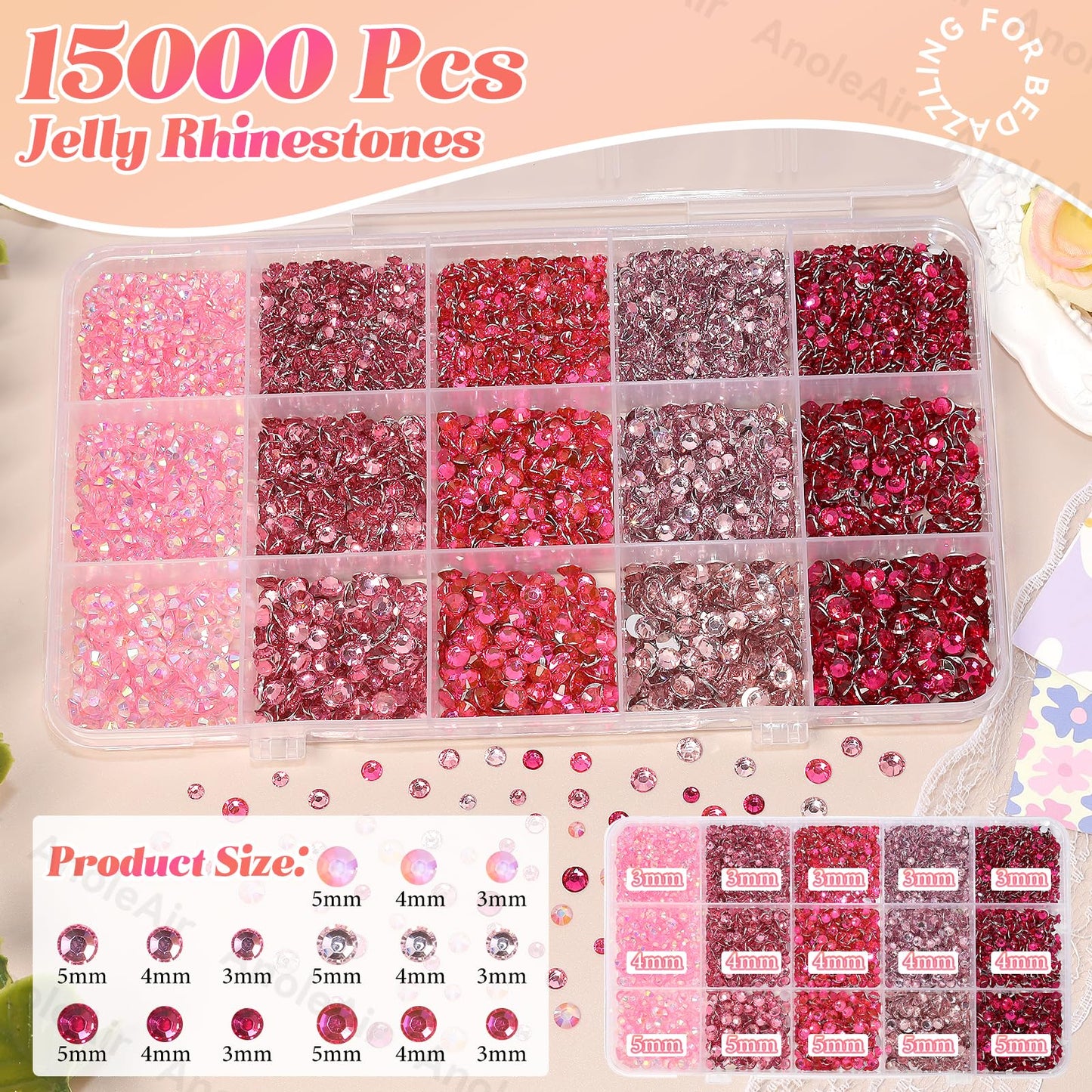 15000Pcs Pink Rhinestones for Bedazzling, Jelly Bedazzling Resin Gems 3-5mm, Hot Pink Gems Bedazzling Kit for Crafting, Flatback Color Gems for Nails Face Makeup Crafts Tumblers