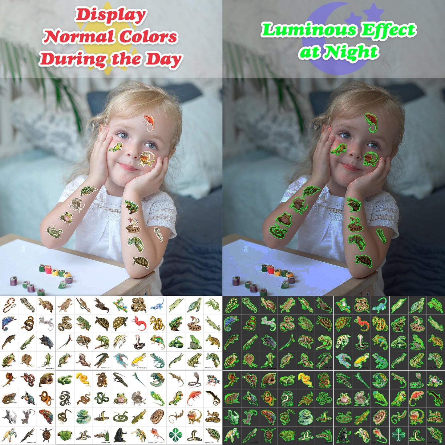96 PCS Reptile Luminous Temporary Tattoos Glows Pre-Cut Birthday Party Decorations Favors Supplies Lizard Snake Turtle Safari Animals Stickers For Boys Girls Gift School Prizes Rewards (Luminous)