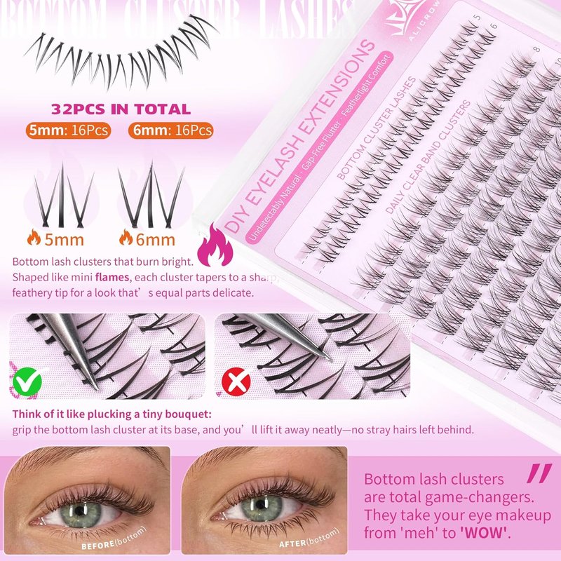 Natural Lash Clusters Kit - Wispy C Curly Eyelash Extensions with Invisible Band | 132 Pcs DIY Set