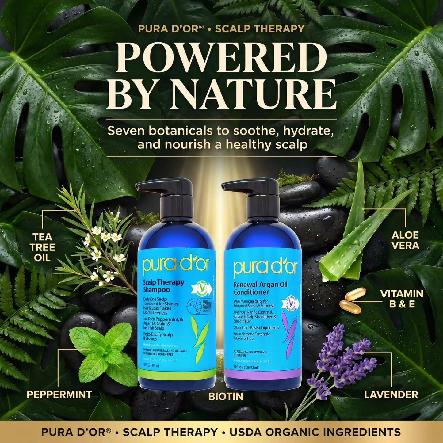PURA D'OR Scalp Therapy Shampoo & Conditioner Set (16oz x 2) Dry, Itchy Scalp-Hydrates & Nourishes Hair w/Tea Tree, Peppermint, Argan Oil & Biotin, All Hair Type, Men Women (Packaging Varies)