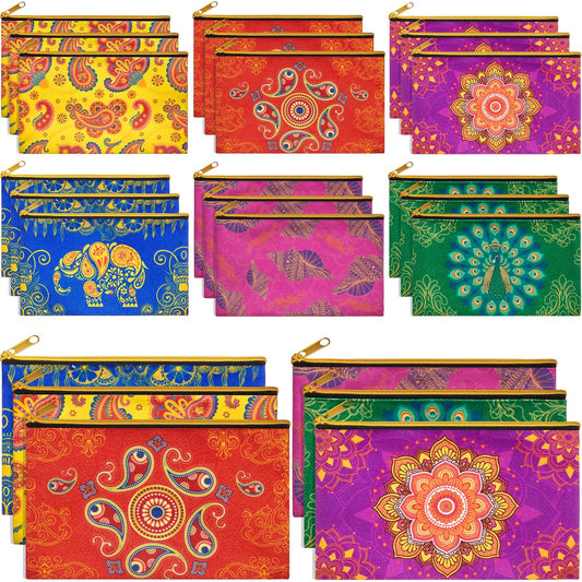 SilTriangle 24 Pcs Indian Return Gifts for Pooja & Ganesh Chaturthi, 7.1 x 4.3 Inch Multicolor Canvas Makeup Bags with Zipper, Travel Cosmetic Pouch with Classic Indian Motifs, Wedding Gift for Women