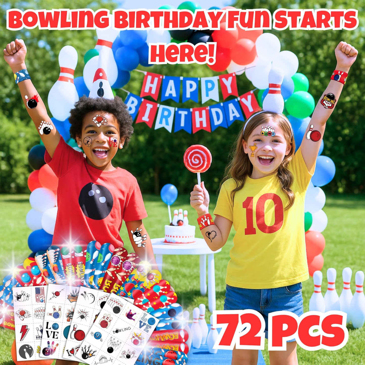 72 PCS Bowling Party Favors Set | 48 PCS Temporary Tattoos & 24 PCS Slap Bracelets Fun Bowling Themed Gifts for Kids, Girls and Boys, Birthday Parties, Baby Showers, Classroom Rewards & Sports Events
