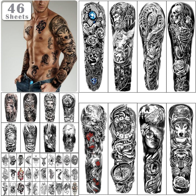 Temporary Tattoos - 36 Sheets of Stylish Body Art for Men & Women | Includes 12 Sheets of Arm & Chest Designs