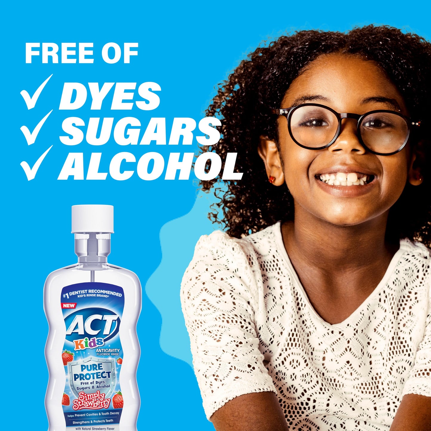 ACT Kids Pure Protect Anticavity Fluoride Mouthwash, Free of Dyes, Sugars & Alcohol, Simply Strawberry, 16.9 fl. oz.