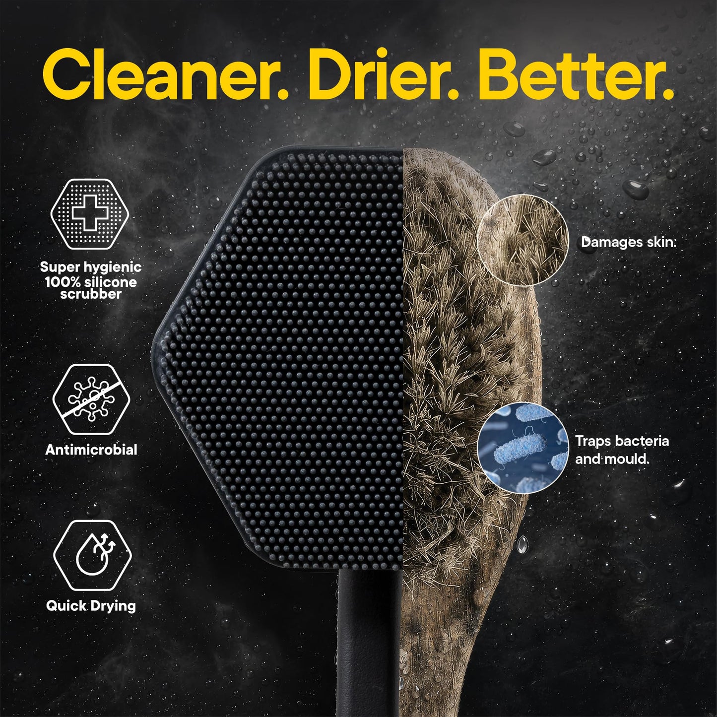 TOOLETRIES Silicone Back Scrubber with Hook, Exfoliating Body & Bath Brush, Long Ergonomic Handle, Non-Slip Grip for Hard-to-Reach Areas, Hygienic Silicone Bath Accessory for Men & Women - Charcoal