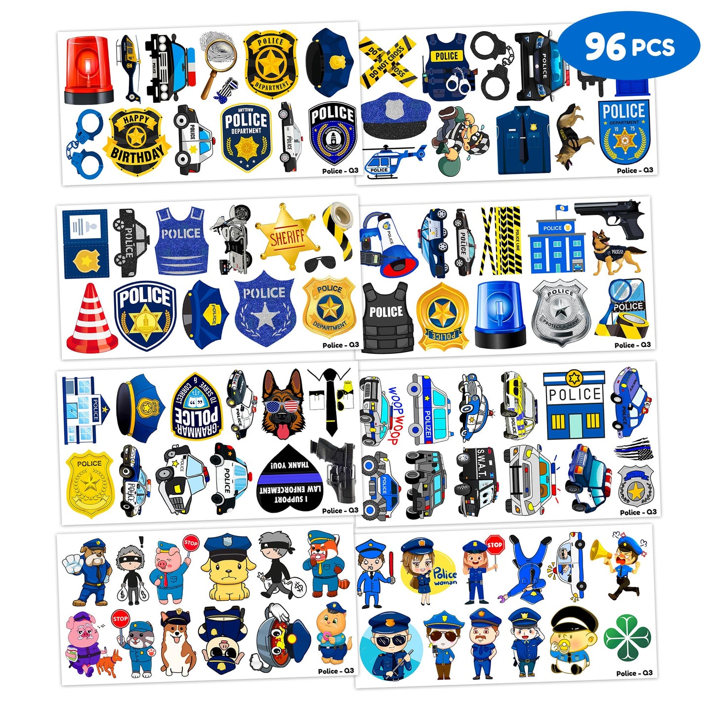 96 PCS Police Officer Temporary Tattoos for Kids - 8 Sheets Cute Cop