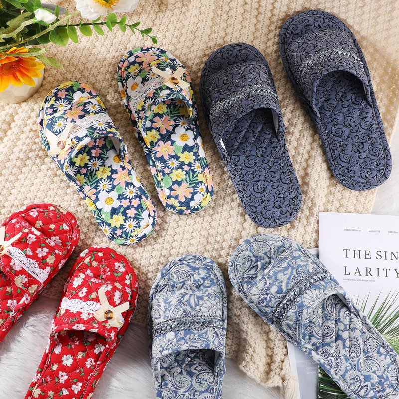 Chuarry 10 Pairs Floral Cotton House Slippers for Guest Women Washable Indoor Cotton Slippers Comfortable Soft Open Toe Slipper Portable Foldable Slipper for Hotel Travel Airplane Spa, 2 Sizes