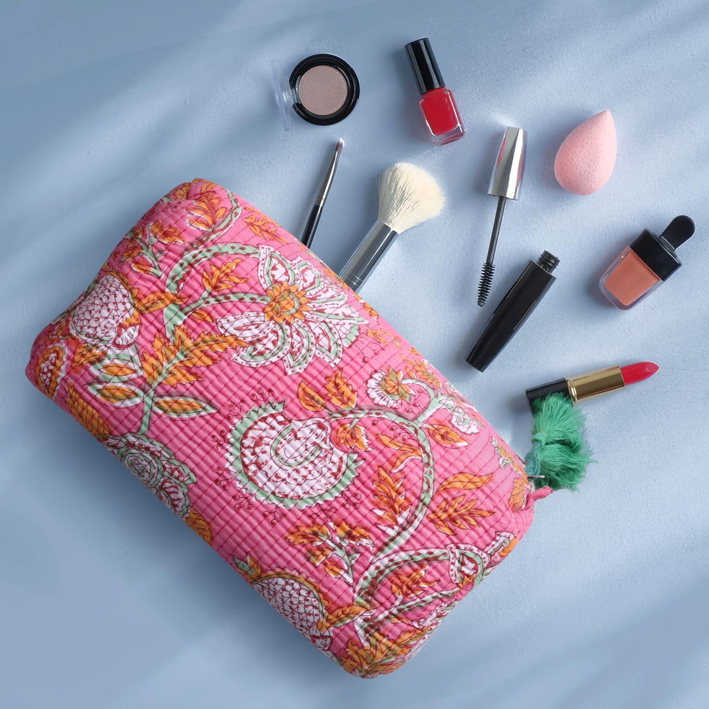 AAVIANA Block Print Designer Toiletry Bag & Makeup Case - Boho Floral Quilted Pouch for Cosmetics, Skincare - Waterproof Lined Organizer for Purse, Travel, Gift Medium (7x5x4 inches) Multi 1