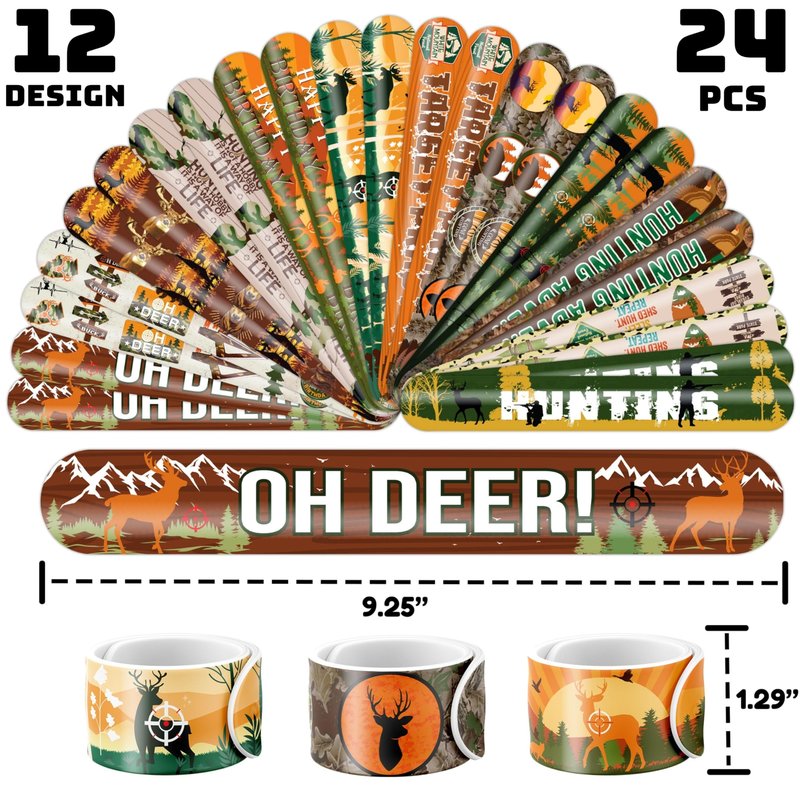 Cherisnowy 48PCS Hunting Party Set - 24PCS Temporary Tattoos & 24PCS Slap Bracelets - Outdoor Adventure Birthday Supplies, Baby Shower Gifts, Classroom Rewards & Party Decor for Kids (Boys & Girls)