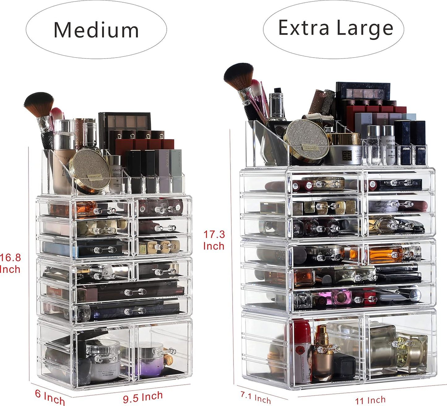 Clear Acrylic Makeup Organizer - 4 Pack Stackable 12 Drawer Skincare Storage | Cute Vanity Organizer for Hair Clips, Jewelry & Beauty Products