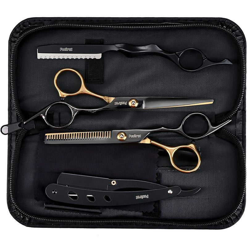 Barber Hair Cutting Scissors Set, Fozirut Professional Haircut Scissors Thinning Shears Straight Edge Razor Barber Accessories Hair Trimming Kit, Hairdresser Tools Haircutting Shears Pro for Men Women