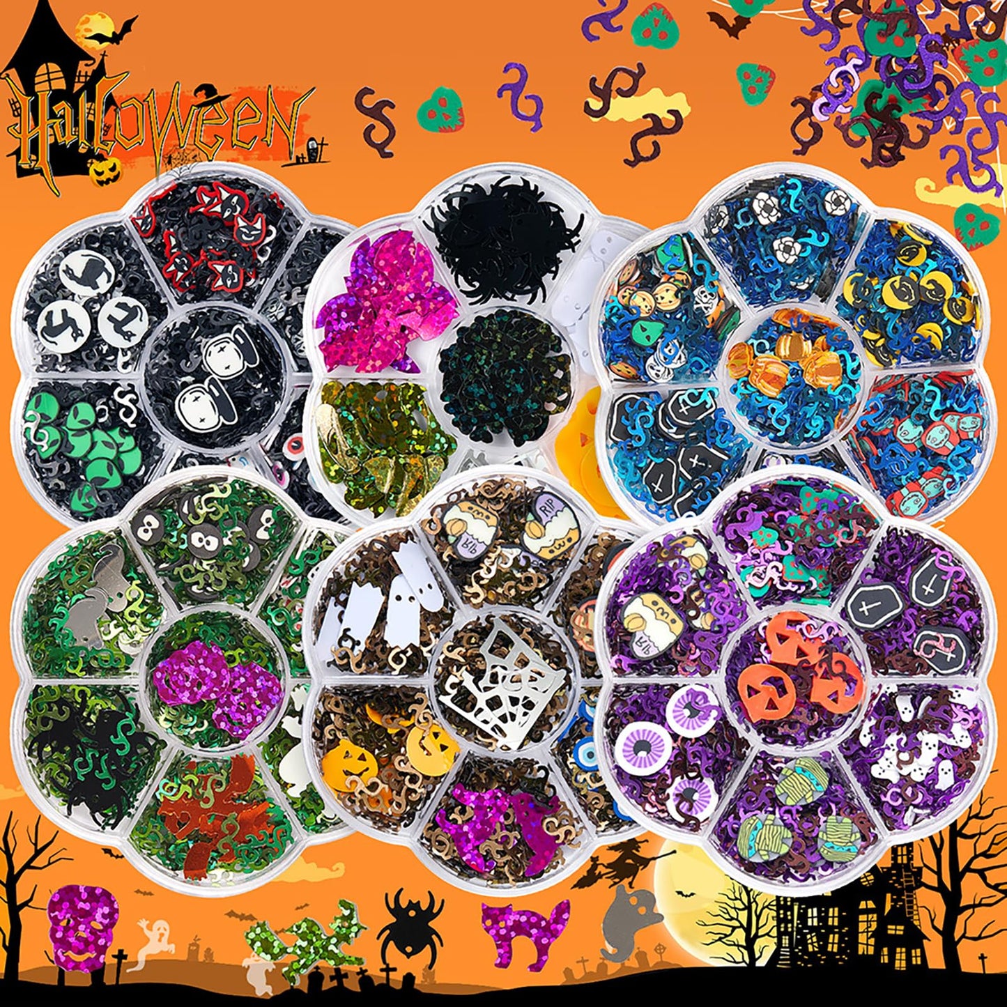 Rose Flower Holographic Chunky Glitter, 6 Boxes Mixes Sequins 3D Holographic Pattern Halloween Theme Festival, Pumpkin Bat Ghost Witch Halloween Confetti Glitter for DIY Nail Art Halloween Party