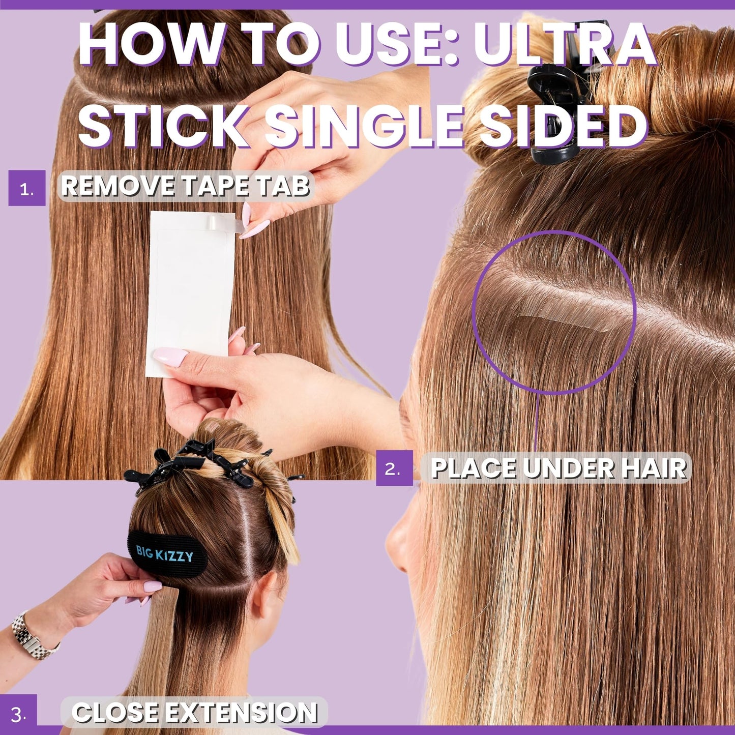 Big Kizzy Single Sided Ultra Stick Replacement Tape for Hair Extensions - 6-8+ Weeks of Wear - Strong Hold and Residue Free One Sided Tape for Extensions - 144 Tabs