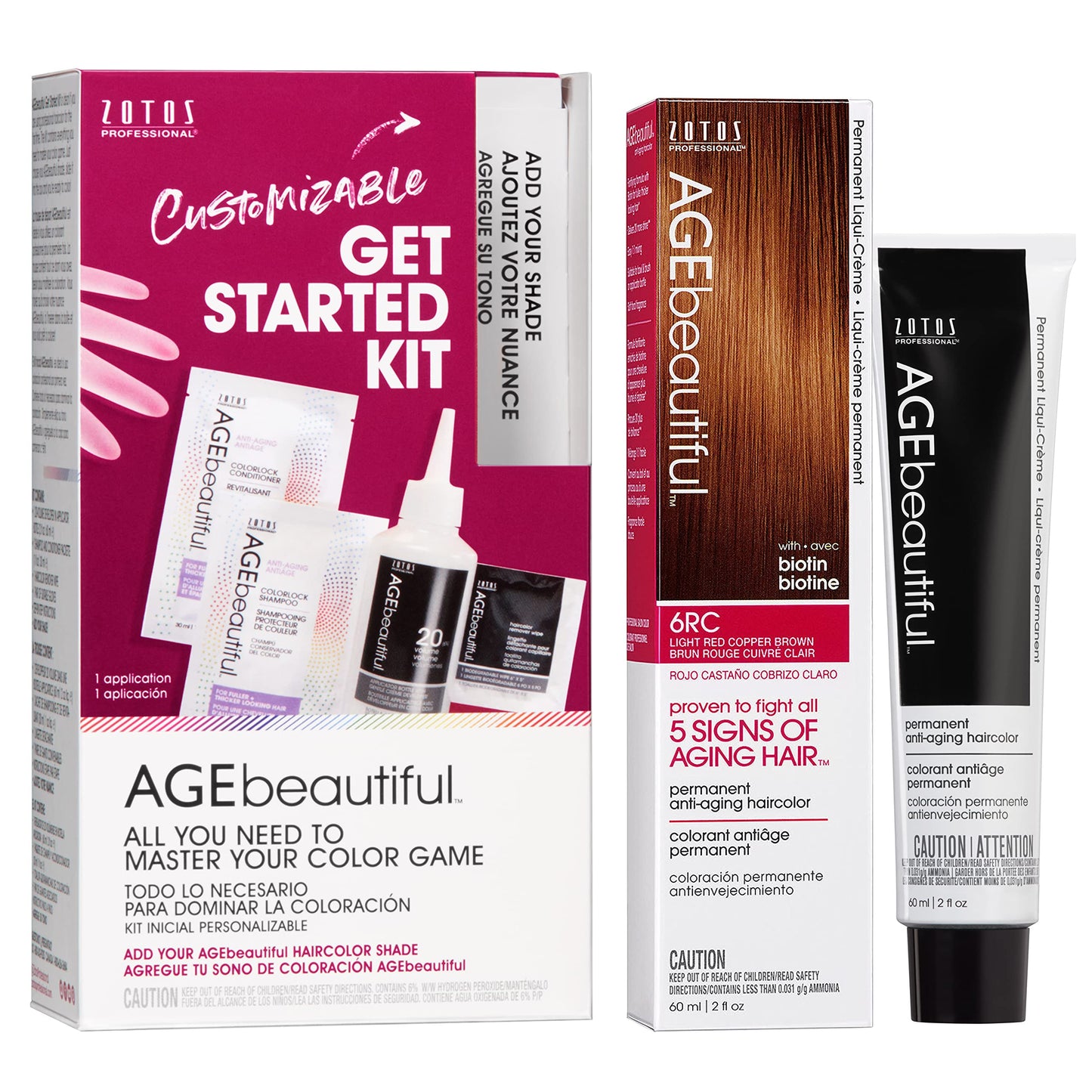AGE beautiful Permanent Hair Color Dye Liqui Creme & Developer Starter Kit | 100% Gray Coverage | Anti-Aging | Biotin for Thicker, Fuller, Healthier Hair | 6RC Light Red Copper