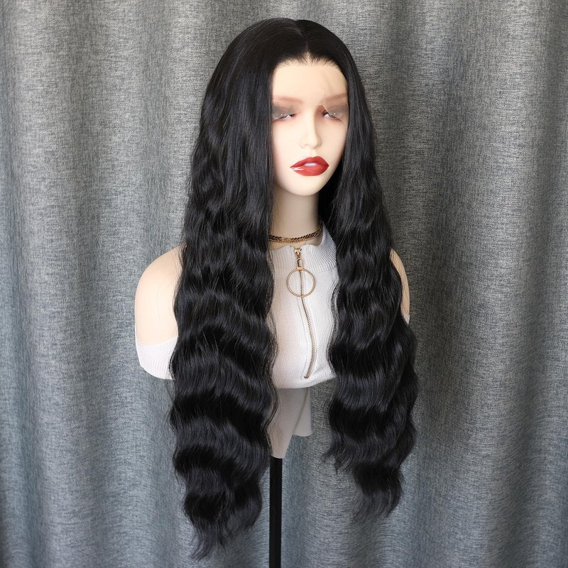 WXHWCX Long Black Middle Part Wavy Wig For Women Heat Resistant Fiber Hair Synthetic Lace Front Wigs Daily Party Use Wigs