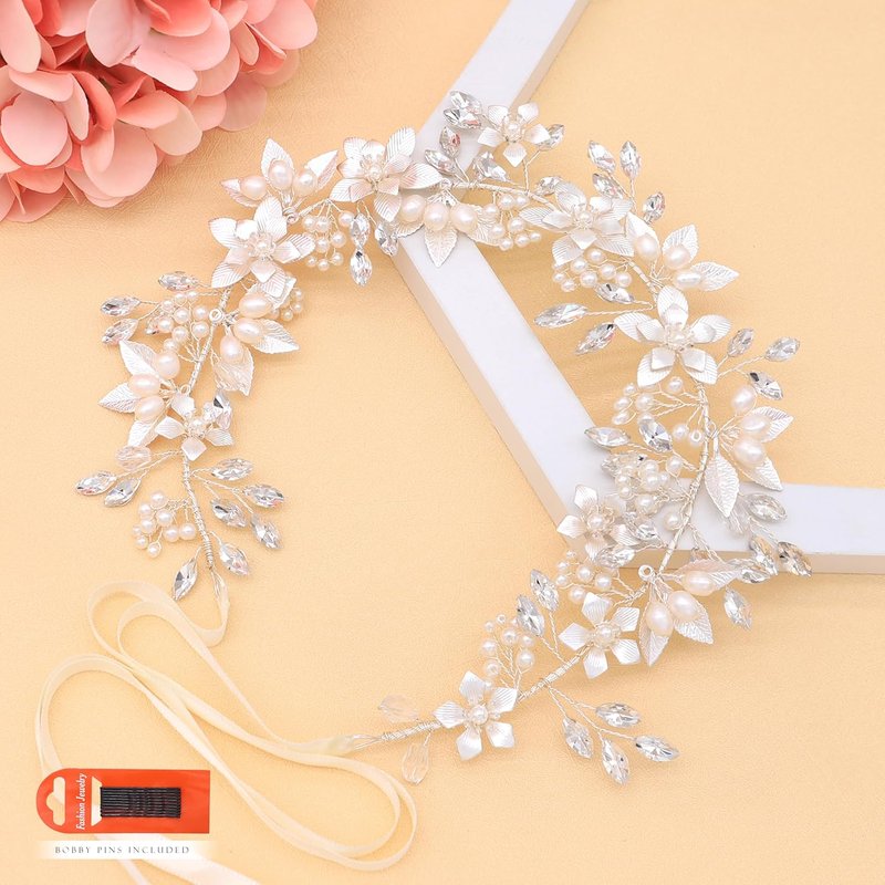 Oriamour Bridal Headband - Flower Design with Genuine Freshwater Pearls & Ribbons | Silver Hair Accessory for Weddings