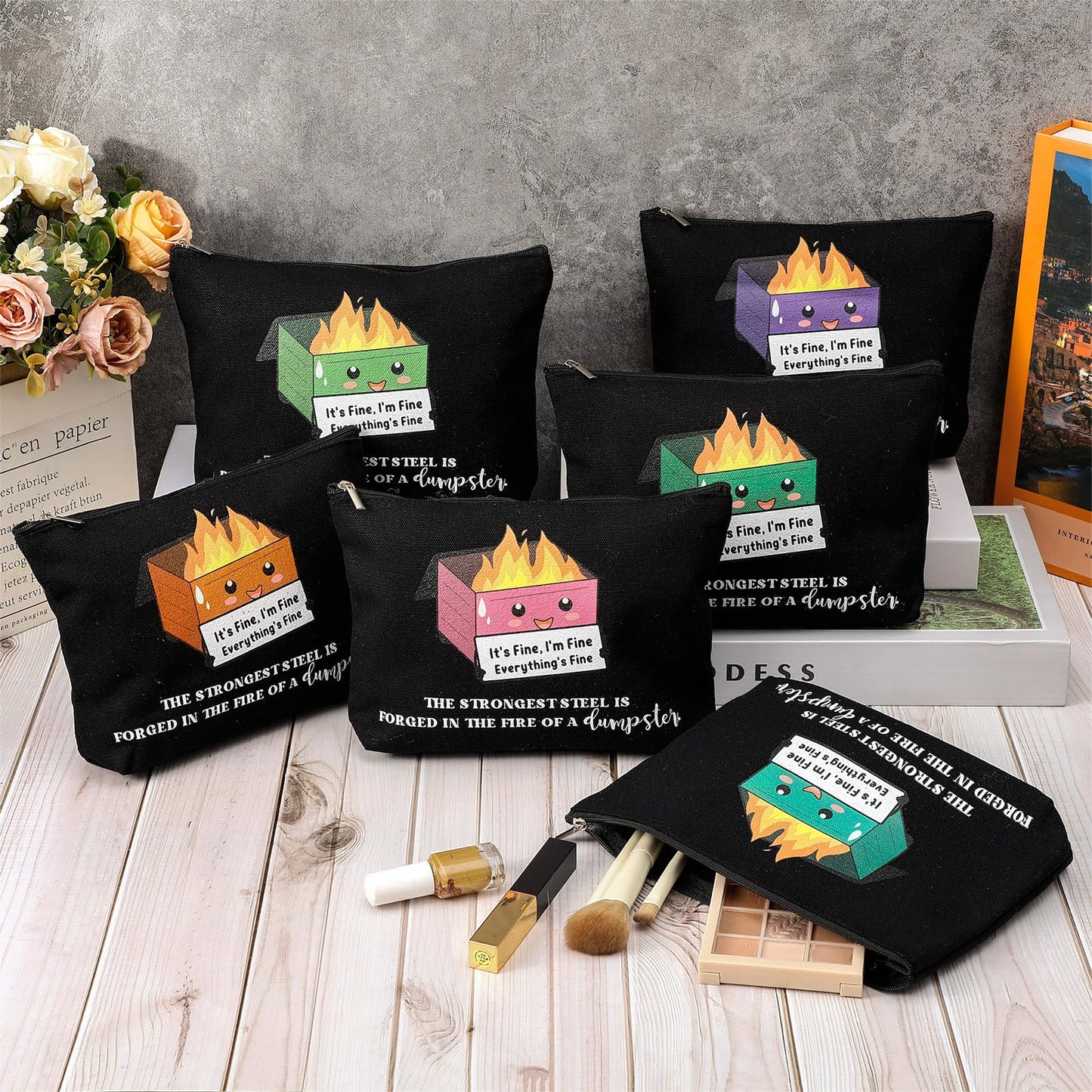 Reginary 12 Pcs Dumpster Fire Makeup Bags Bulk Funny Gifts Employee Inspirational Cosmetic Bag Gifts for Graduation Teacher Coworker Staff