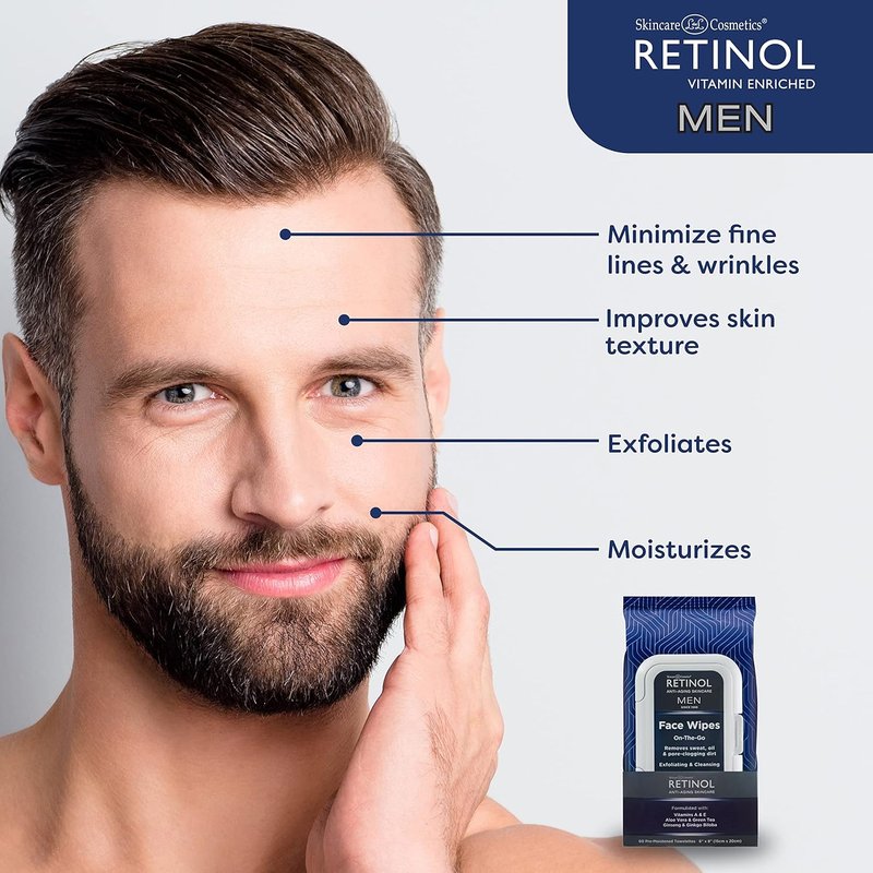 Retinol Men's Face Wipes - Micellar Cleansing Wipes for Sweat, Oil & Dirt Removal | 60 Count, Alcohol-Free, Travel Size