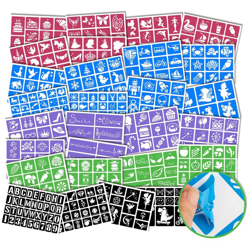 380pcs Temporary Tattoos Stencils, Face and Body Paint Stencils Kit, Girl Boy Glitter Tattoos, for School Show Birthday Halloween Christmas Various parties.