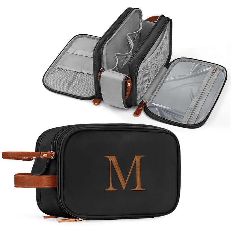 YOOLIFE Personalized Gifts for Men Women - Initial Black Toiletry Bag Makeup Bag | Travel Toiletry Bags for Women Men, Travel Essentials Water Resistant Makeup Toiletries M Black