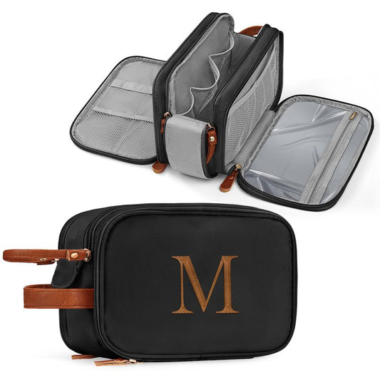 YOOLIFE Personalized Gifts for Men Women - Initial Black Toiletry Bag Makeup Bag | Travel Toiletry Bags for Women Men, Travel Essentials Water Resistant Makeup Toiletries M Black