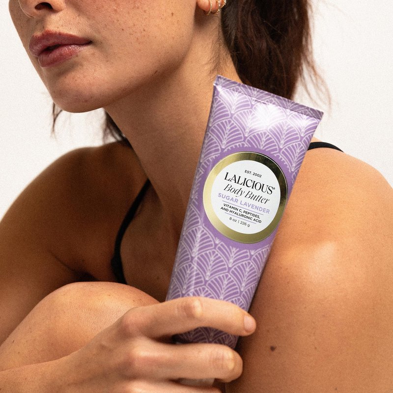 LaLicious Sugar Lavender Whipped Body Butter 8oz | Ultra-Hydrating Shea Butter Body Cream with Hyaluronic Acid, Vitamin C & Peptides | Deep Moisturizing Lotion for Dry Skin | Firming & Skin-Softening