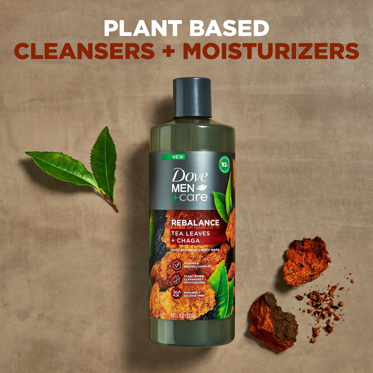 Dove Men+Care Rebalance Body Wash Tea Leaves and Chaga 4 Count With Vitamin and Mineral Complex Moisturizing Body Wash with Plant Based Ingredients 18 oz