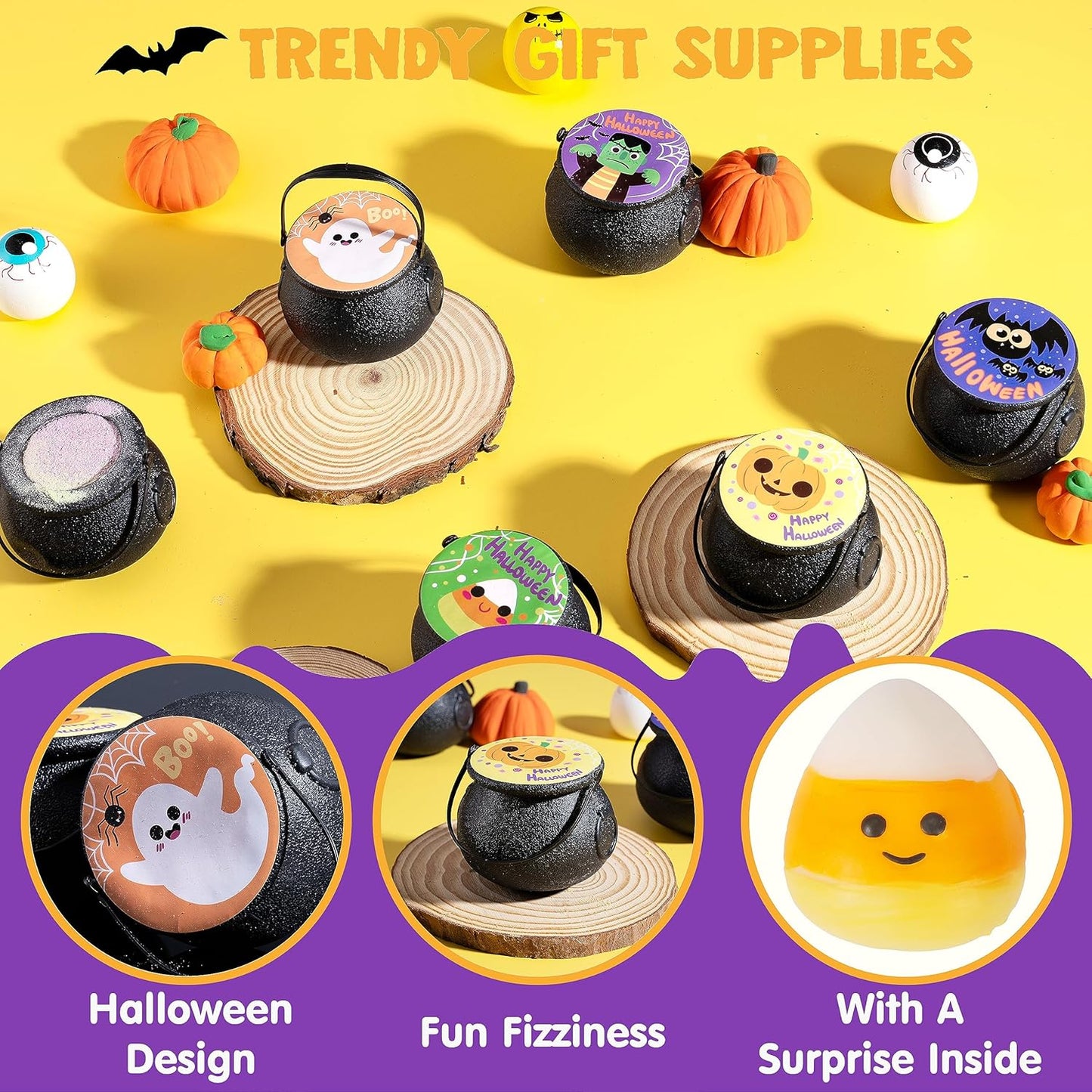 Halloween Witch Cauldron Bath Bombs - 6 Pack with Surprise Mochi Toy | Kids Party Favors & Goodie Bag Stuffers