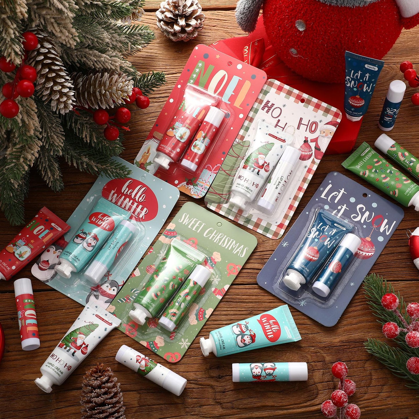 Heigble 30 Pcs Christmas Hand Cream and Lip Balm Gift Sets, Christmas Stocking Stuffers Travel Size Hand Lotion Lip Balm Xmas Party Holiday Gifts for Women Mom Staff Coworkers Adult Girls
