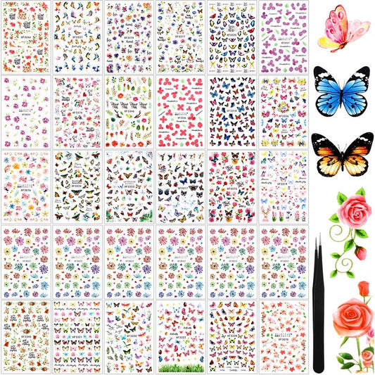 Blulu Above 2500 Pcs, 30 Sheets Butterfly Flower Nail Art Stickers with Tweezers Self-Adhesive Supplies Floral Leaves Nail Decals Charms Colorful for Women DIY Decoration