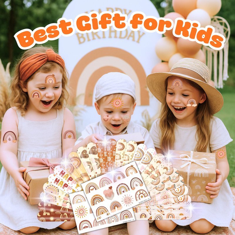 48PCS Boho Rainbow Party Set - 24PCS Temporary Tattoos & 24PCS Slap Bracelets - Fun Birthday Supplies, Baby Shower Gifts, Classroom Rewards & Boho-Themed Decor for Kids (Boys & Girls)