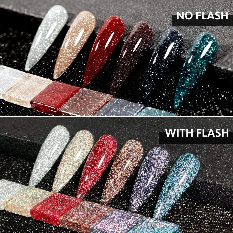 GAOY Reflective Glitter Gel Nail Polish Set, 6 Colors Including Red Brown Blue Holographic Glitter Gel Polish Kit UV LED Soak Off Sparkly Home DIY Manicure Nail Salon Shiny Varnish