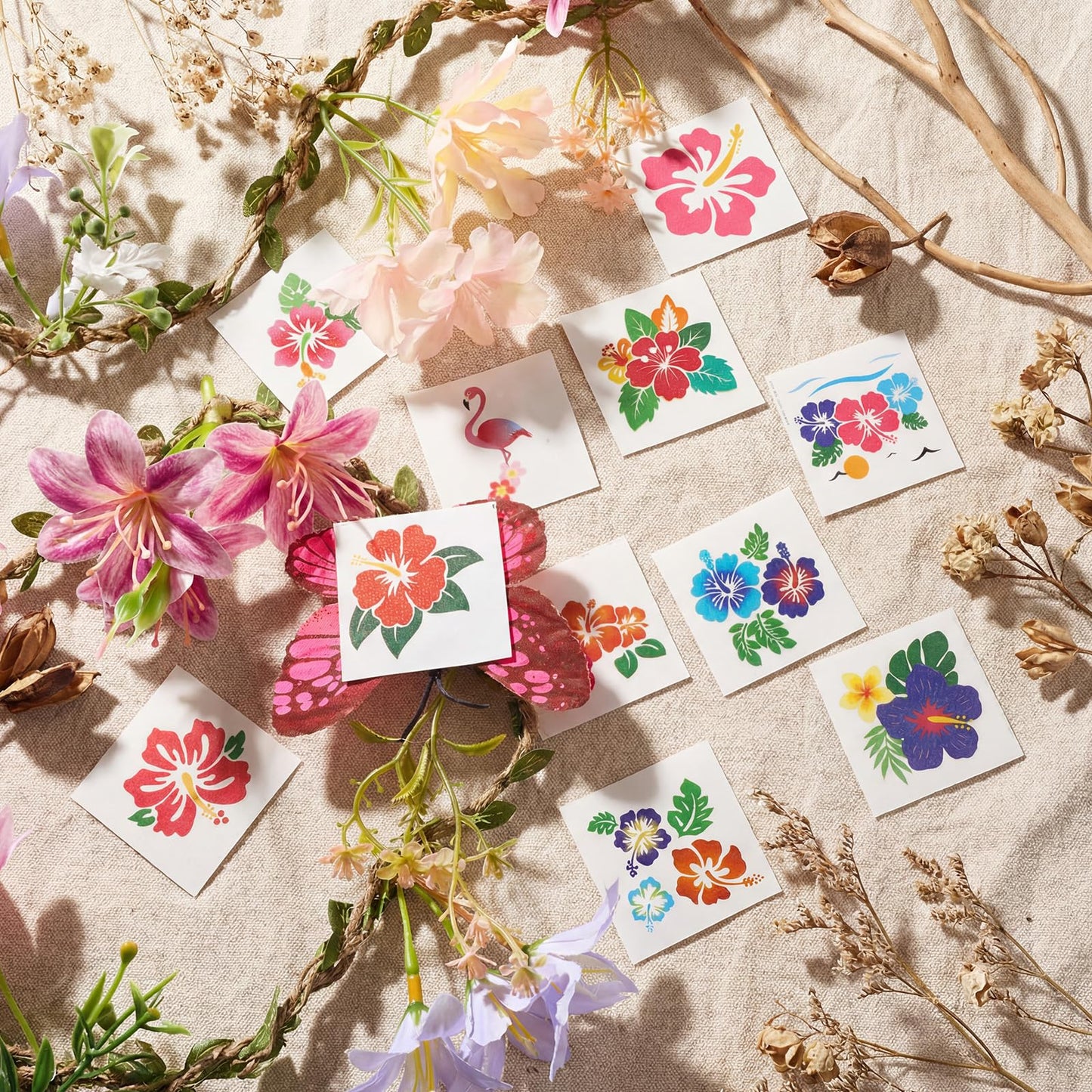 Kathfly 180 Pcs Hibiscus Temporary Tattoos Glitter Hawaiian Flower Tattoos Stickers for Face Body Decoration Women Summer Tropical Aloha Party Favors Gift (Summer Flowers)