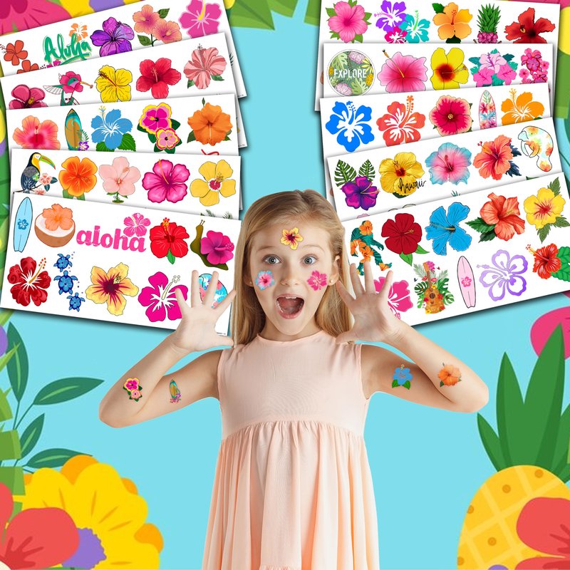 Hibiscus Temporary Tattoos for Kids & Adults - 10 Sheets 100 PCS Hawaiian Tropical Flowers Party Favors, Luau Birthday Decorations Supplies, Cute Waterproof Fake Tattoos